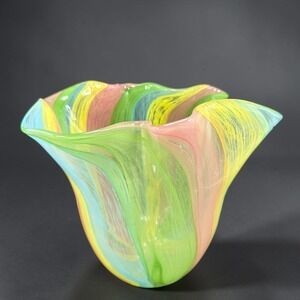 Venetian Italian Art Glass Handkerchief Vase Ruffled Pastel Multi Color Blown